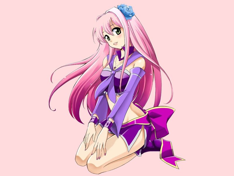 pink-haired anime girl in purple outfit