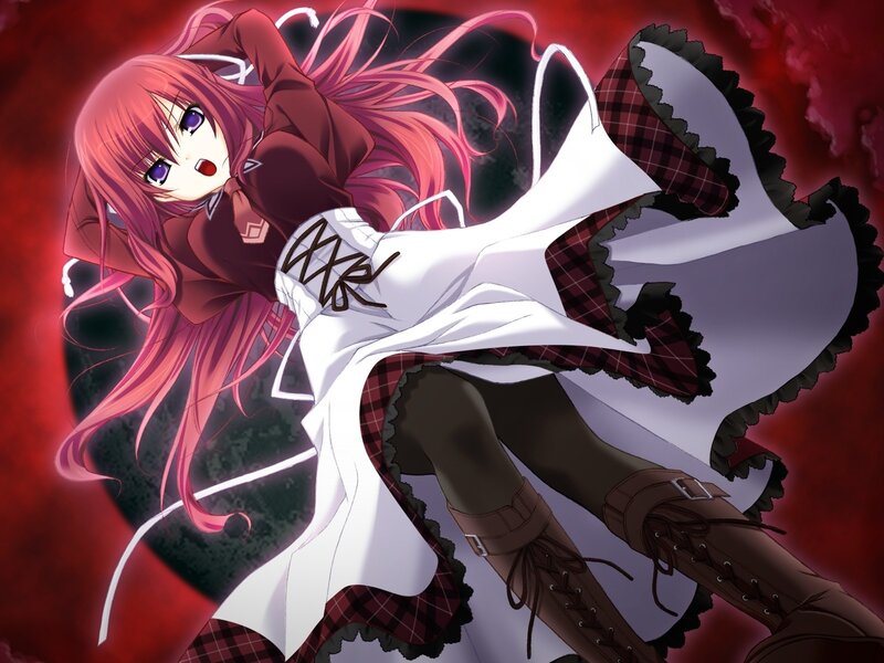 pink-haired anime girl in red