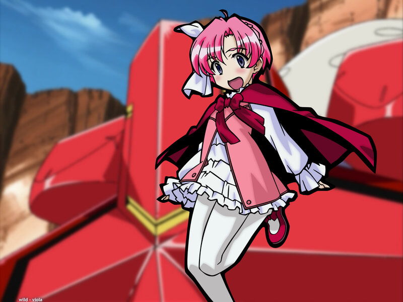 pink-haired anime girl in red cape