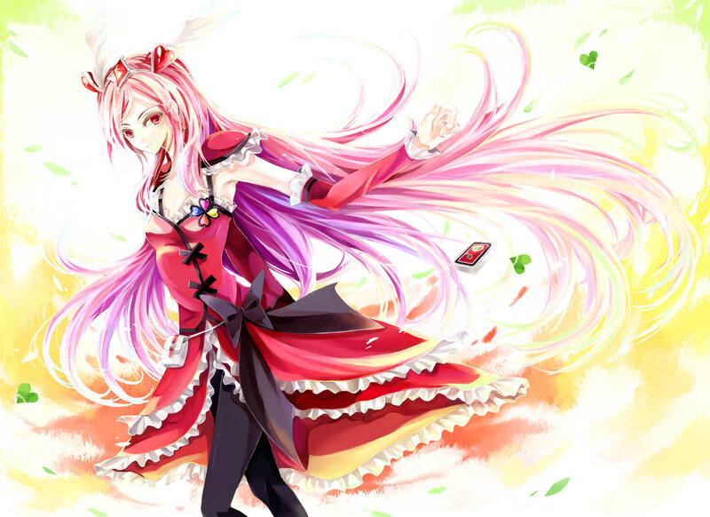 pink-haired anime girl in red dress