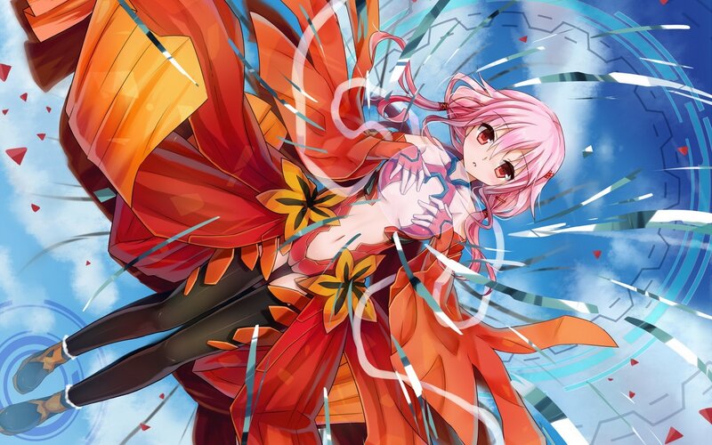 pink-haired anime girl in red dress