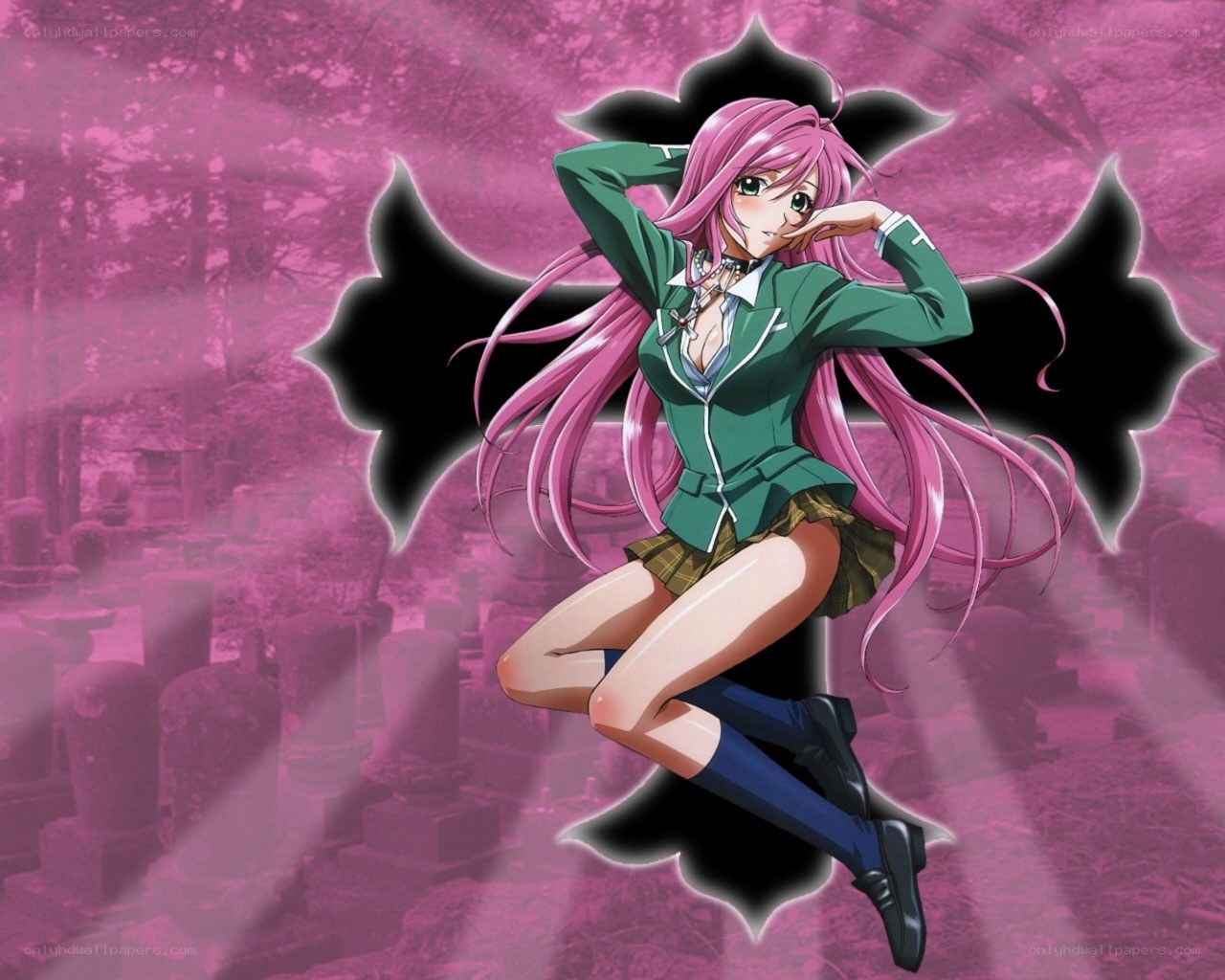 pink-haired anime girl in school uniform