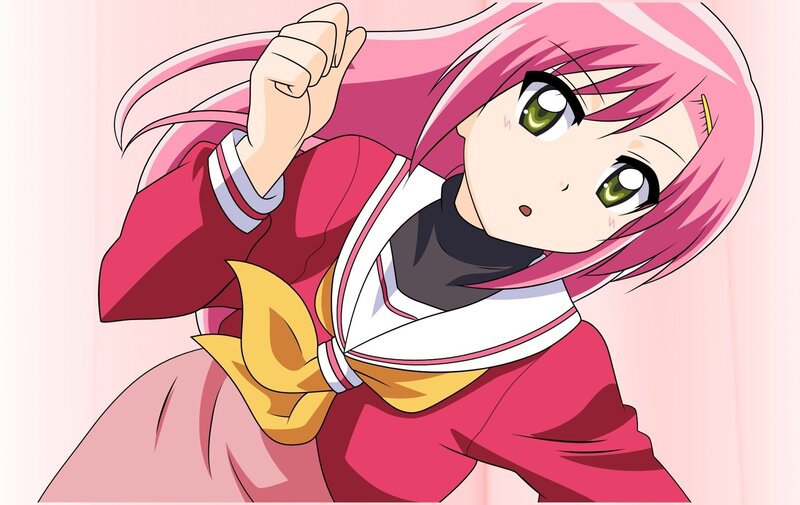 pink-haired anime girl in school uniform