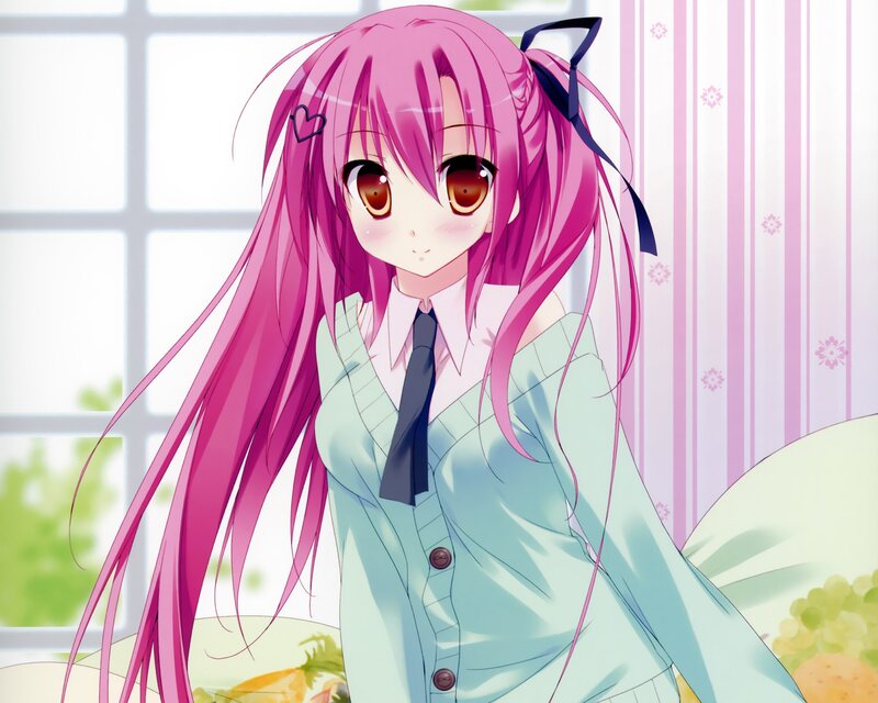 pink-haired anime girl in school uniform