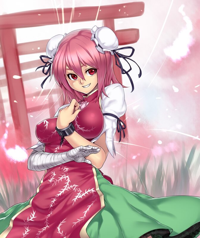 pink-haired anime girl in traditional dress