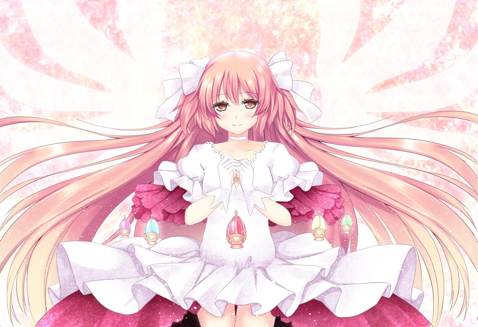 pink-haired anime girl in white dress