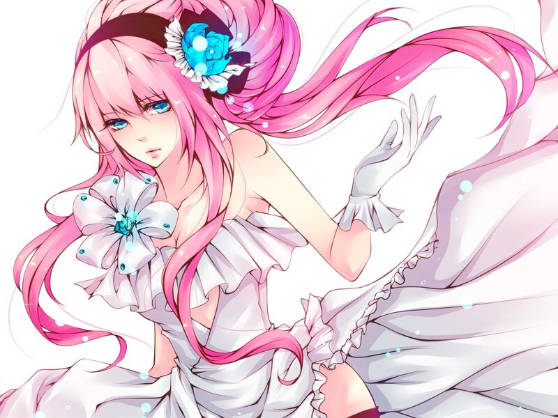 pink-haired anime girl in white dress