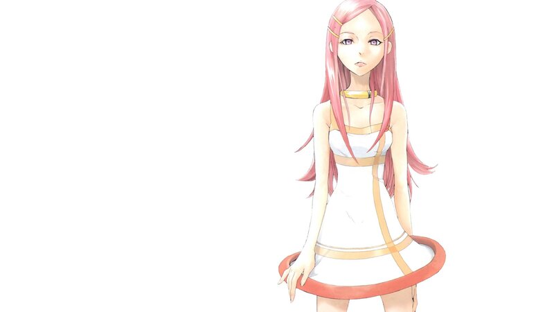 pink-haired anime girl in white dress