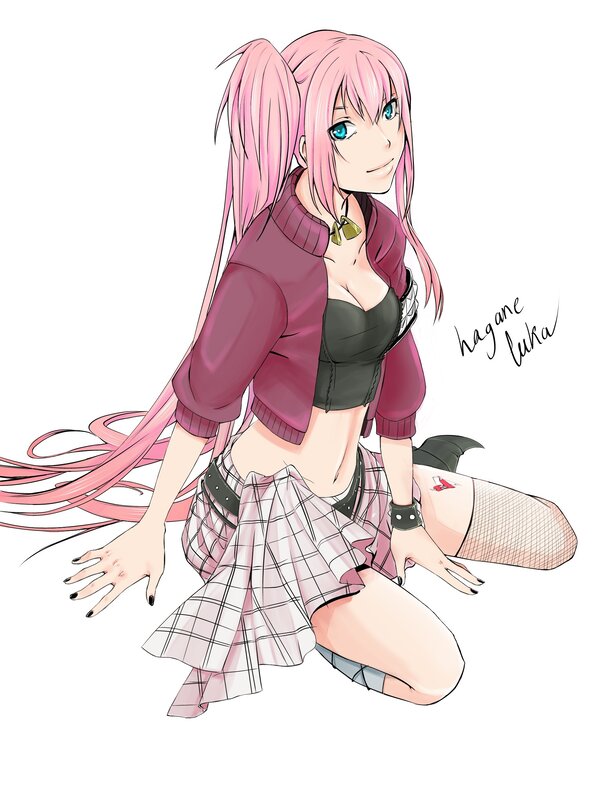 pink-haired anime girl kneeling