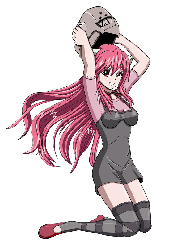 pink-haired anime girl kneeling