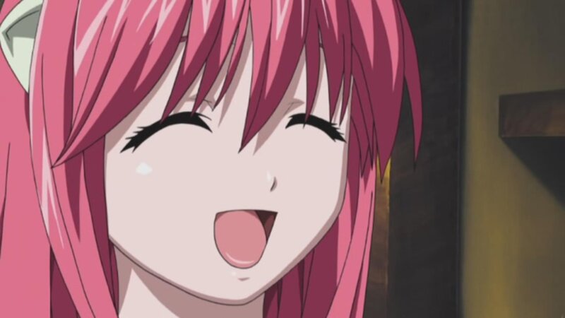 pink-haired anime girl laughing