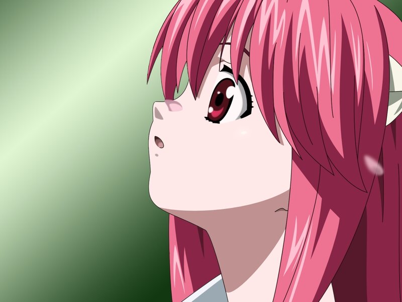 pink-haired anime girl looking up