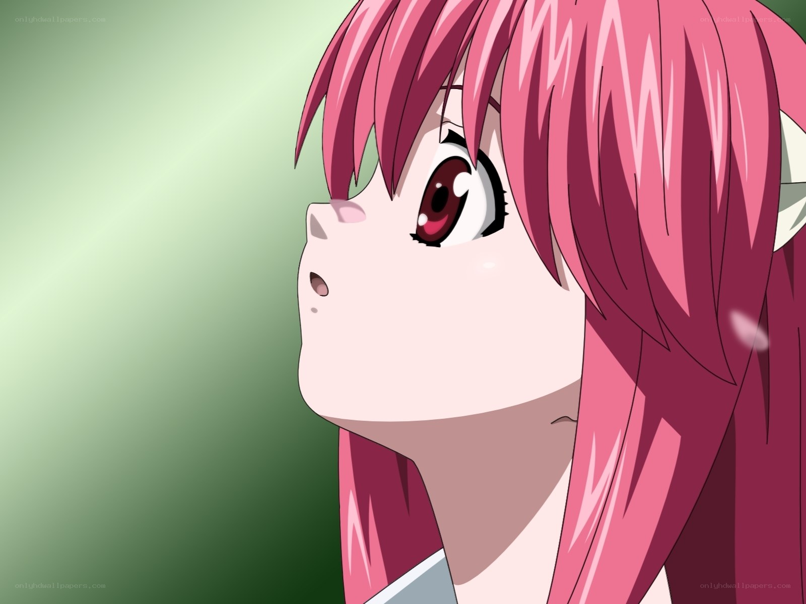 pink-haired anime girl looking up