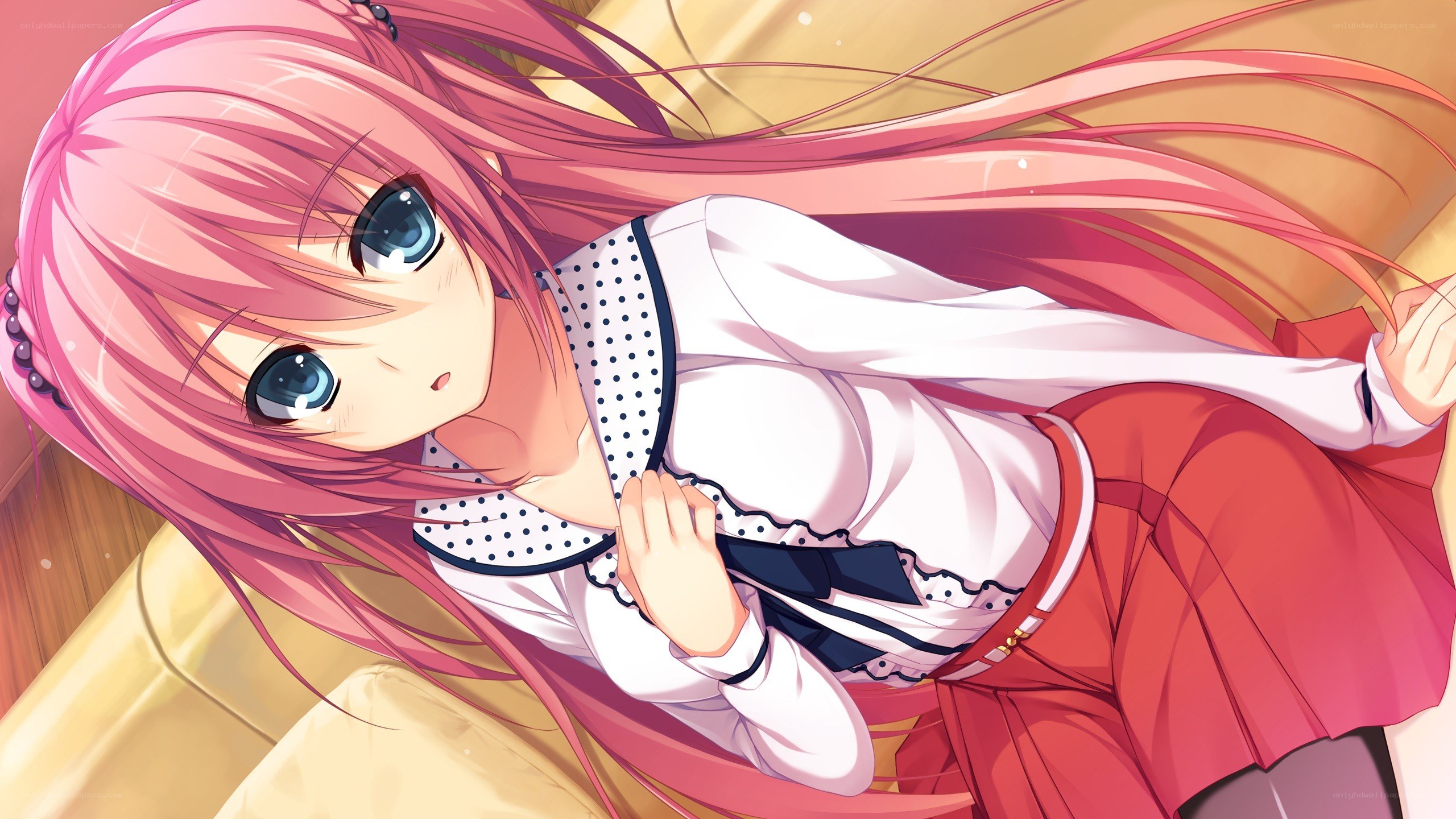 pink-haired anime girl lying down