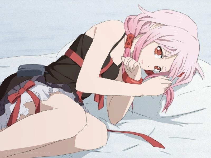 pink-haired anime girl lying down