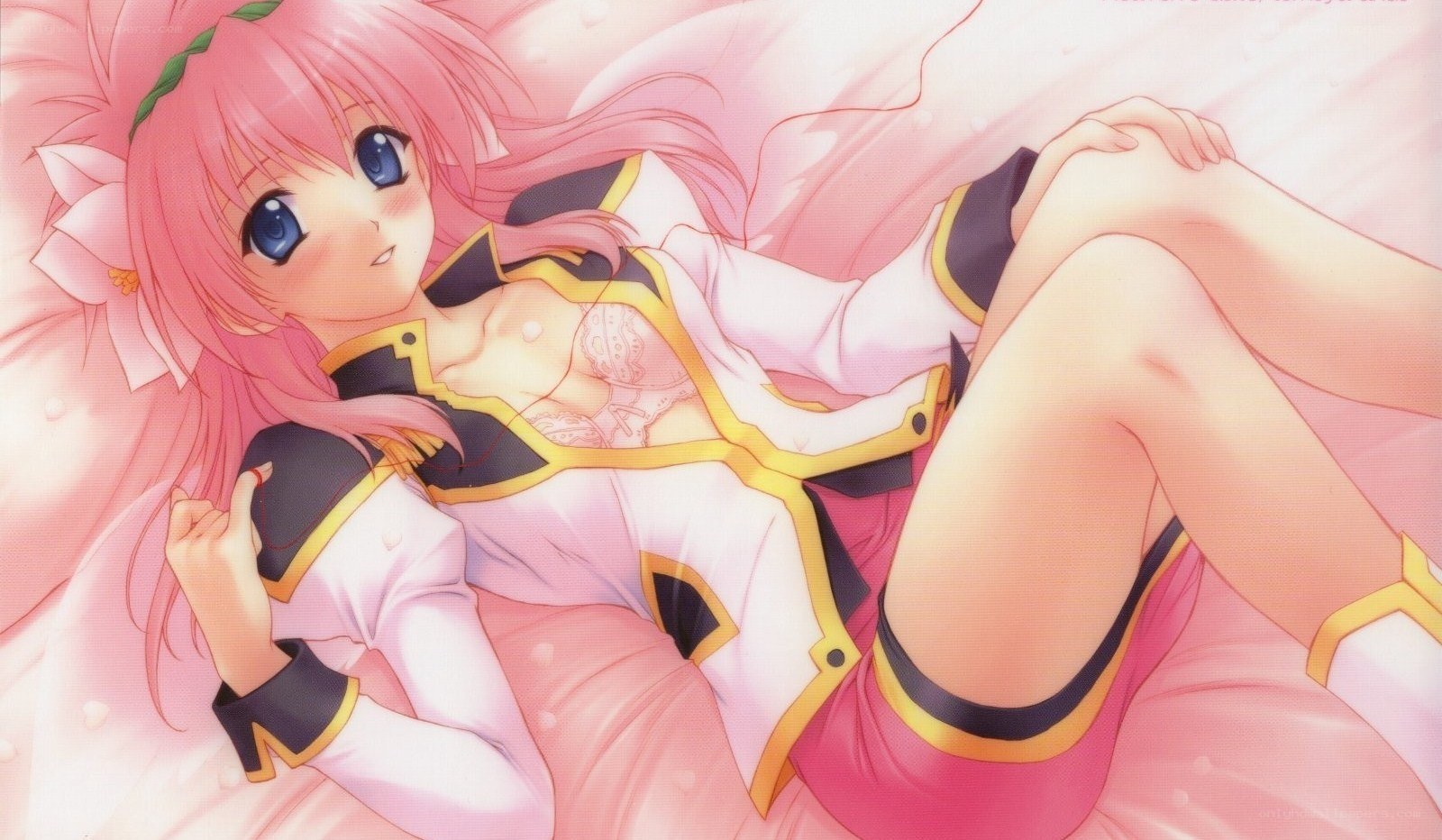 pink-haired anime girl lying down