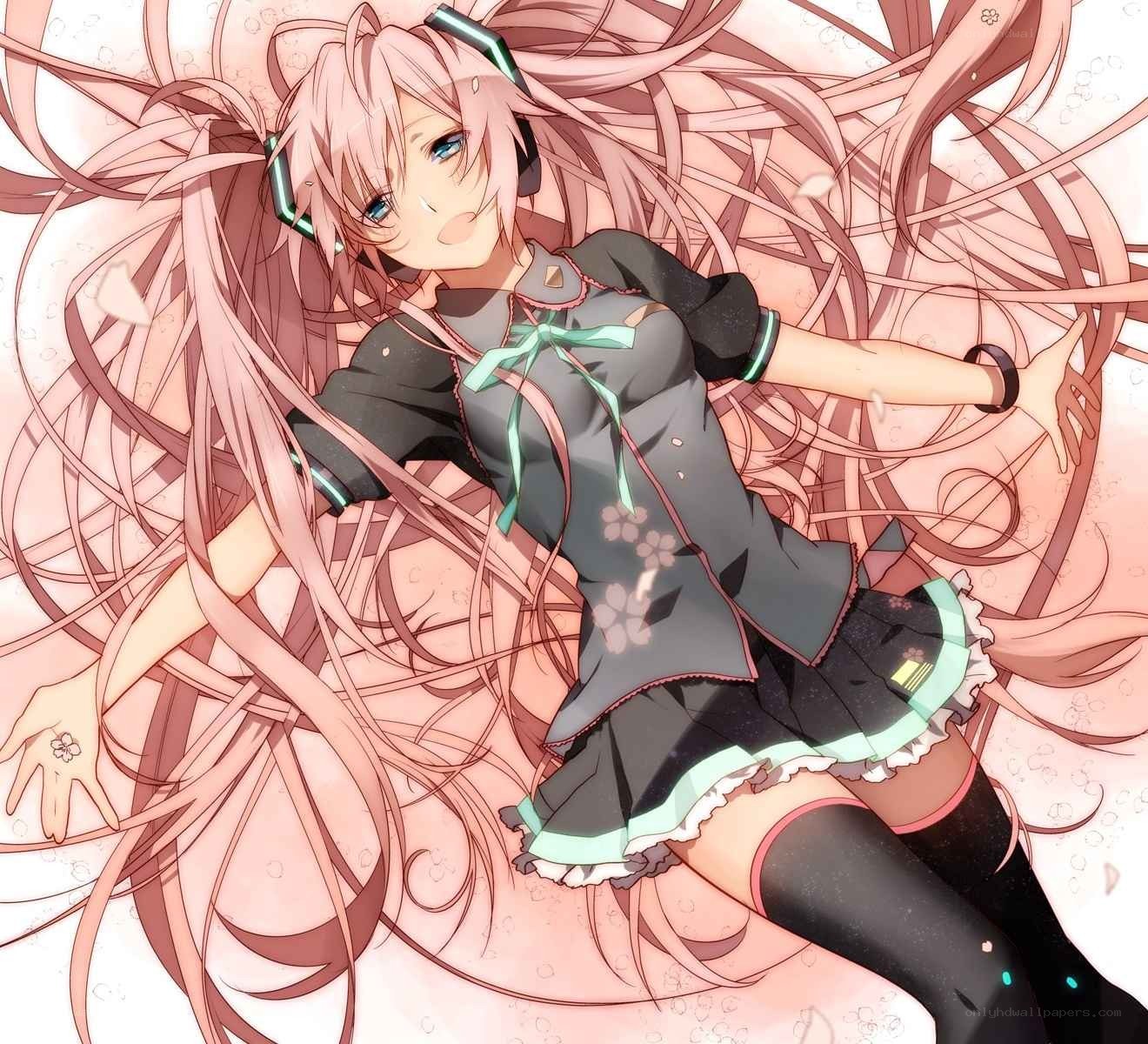 pink-haired anime girl lying down
