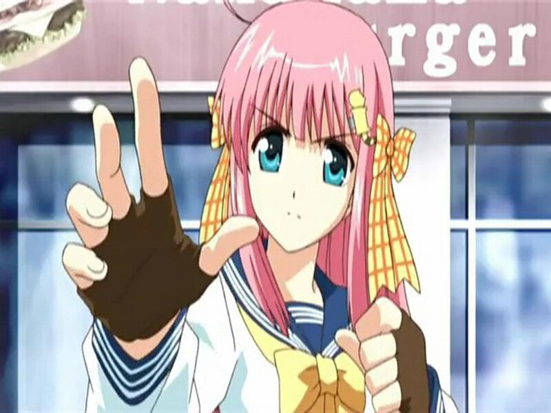 pink-haired anime girl making a hand gesture