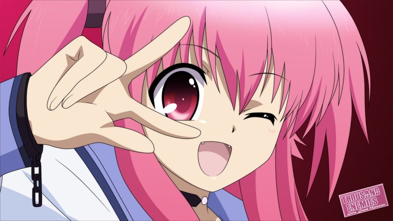 pink-haired anime girl making a hand gesture