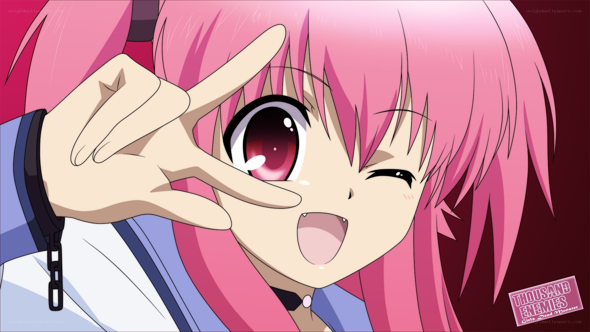 pink-haired anime girl making a hand gesture