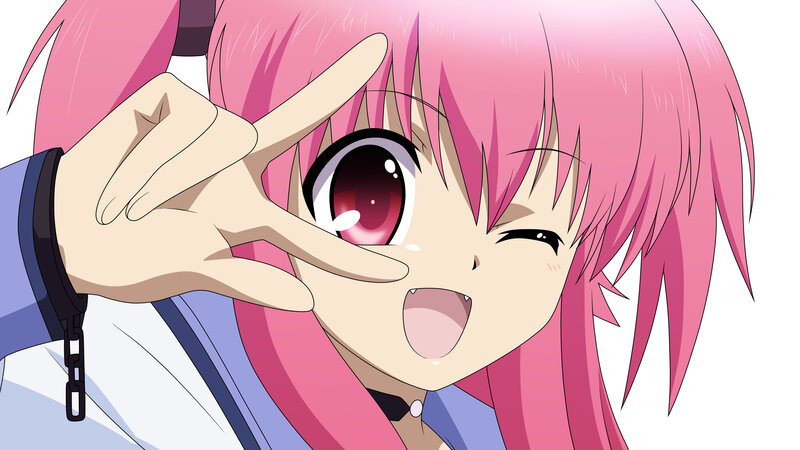 pink-haired anime girl making a peace sign