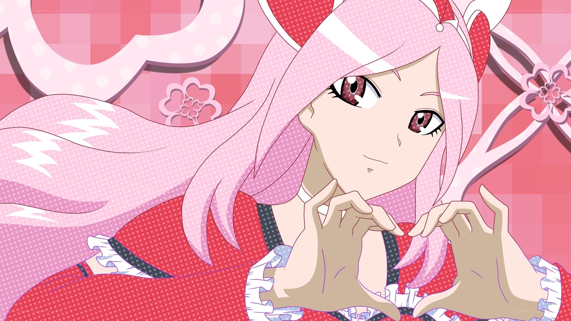 pink-haired anime girl making heart