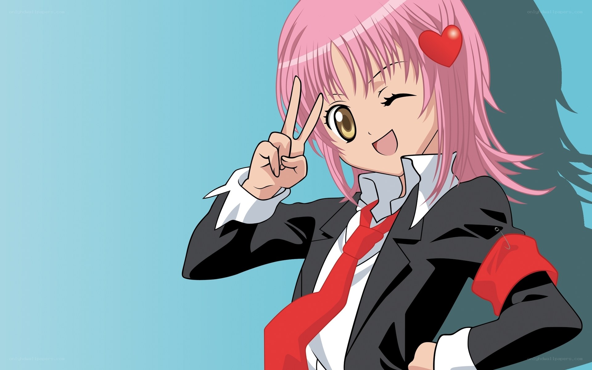 pink-haired anime girl making peace sign