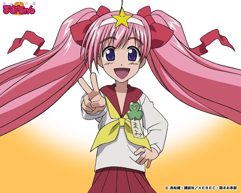 pink-haired anime girl making peace sign