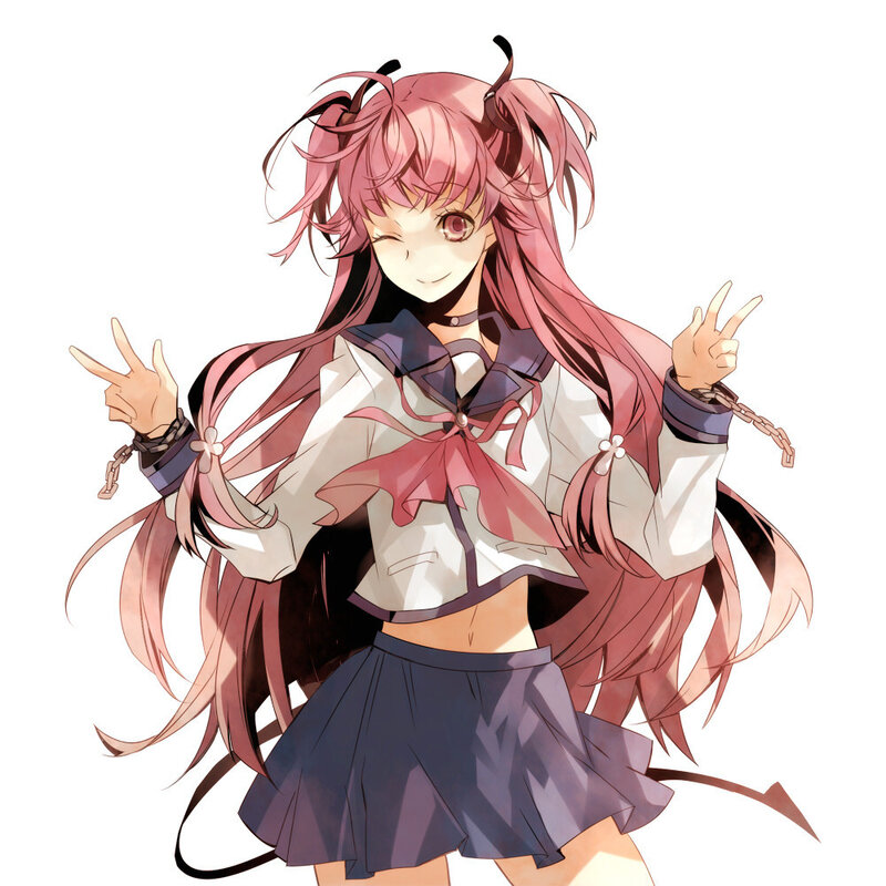 pink-haired anime girl making peace signs