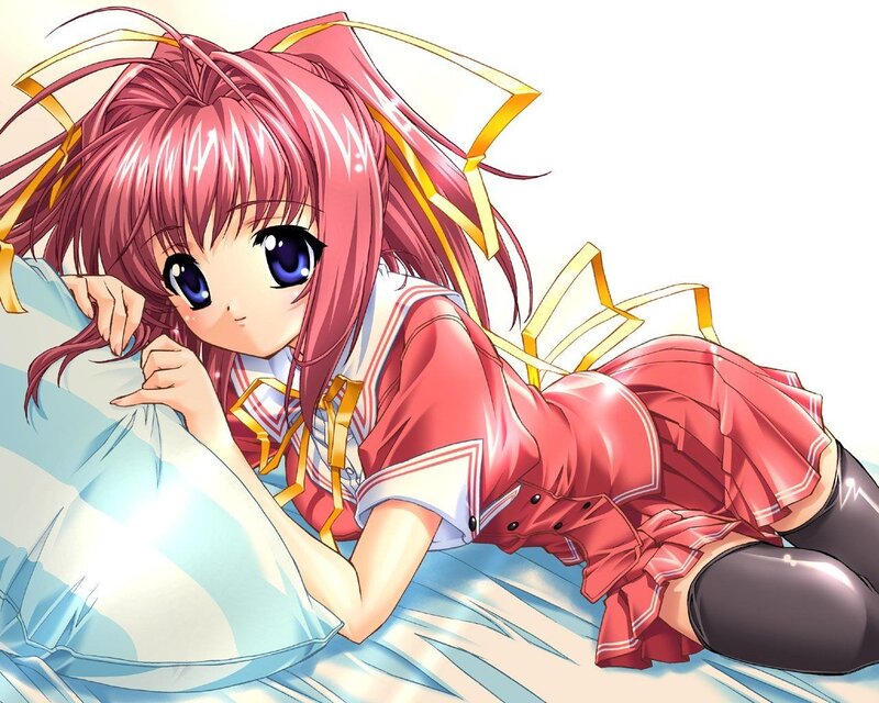 pink-haired anime girl on bed