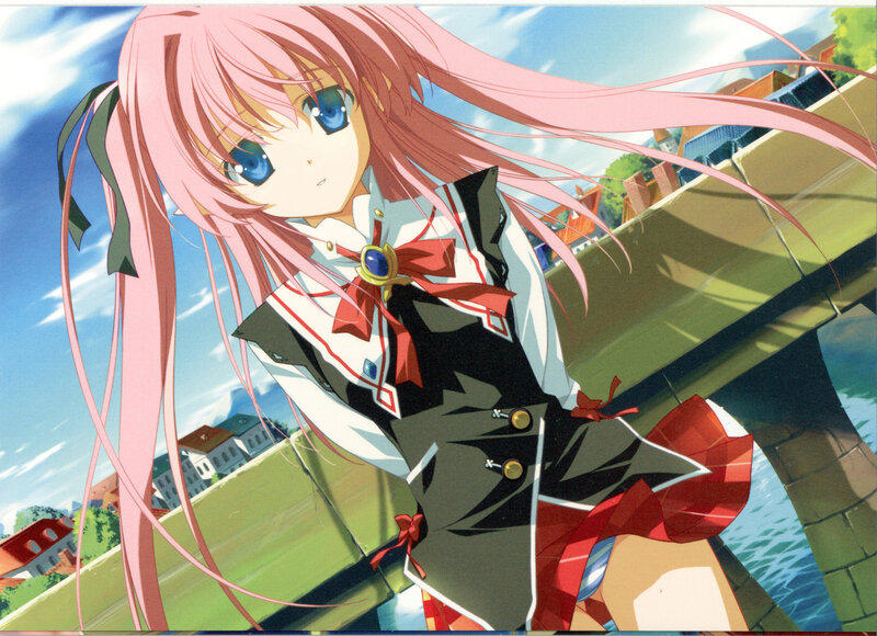 pink-haired anime girl on bridge