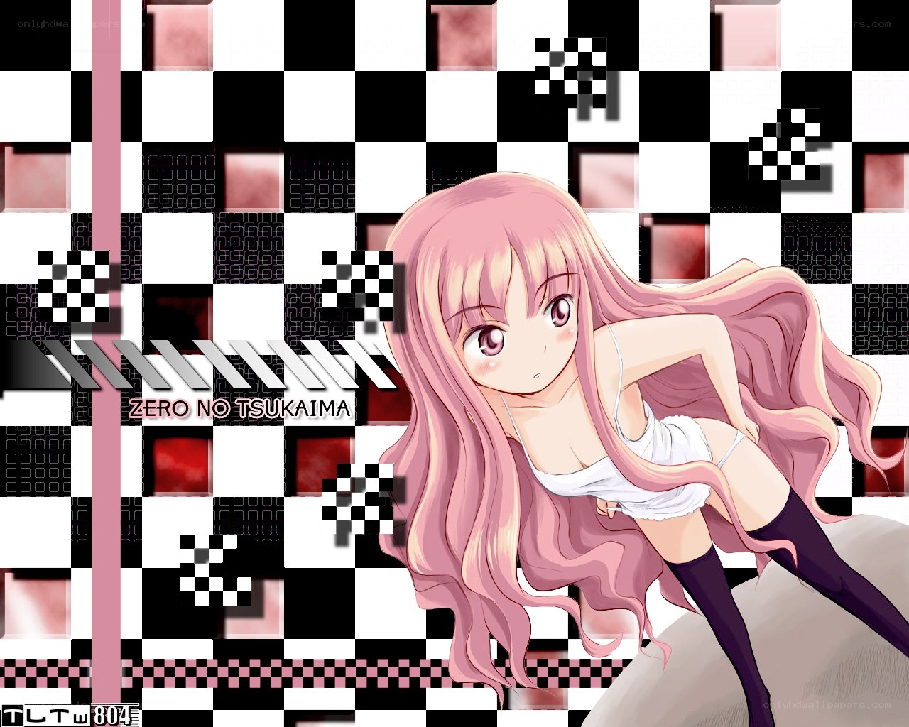 Pink-haired anime girl on checkered background