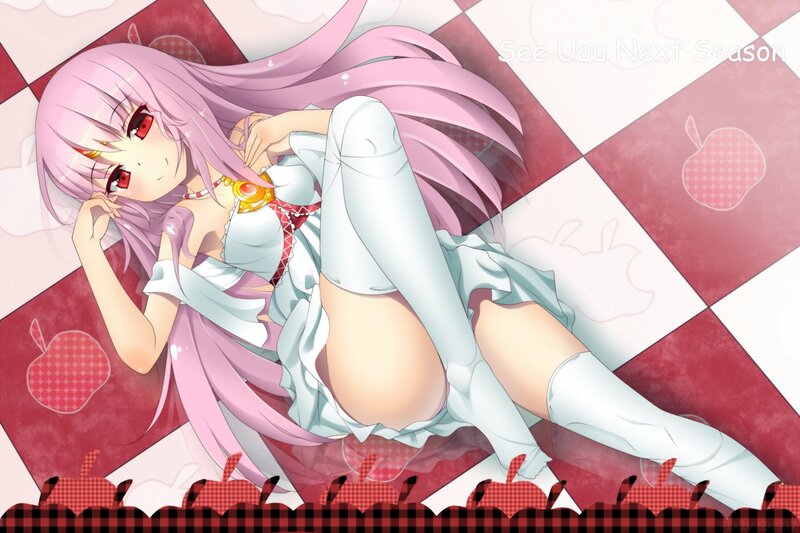 pink-haired anime girl on checkered floor