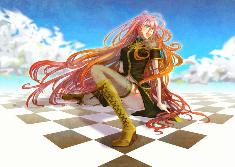 pink-haired anime girl on checkered floor