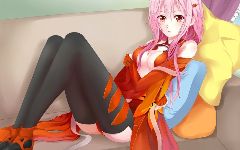 pink-haired anime girl on couch