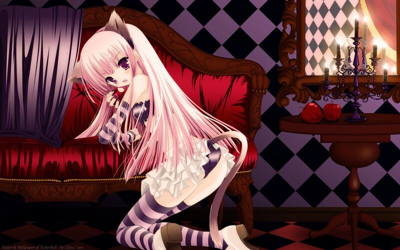 pink-haired anime girl on couch