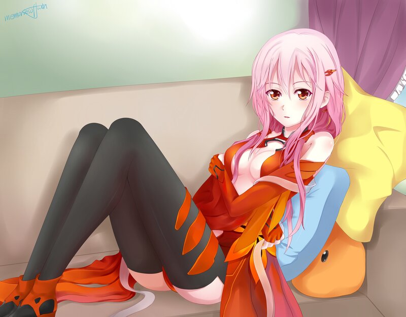 pink-haired anime girl on couch