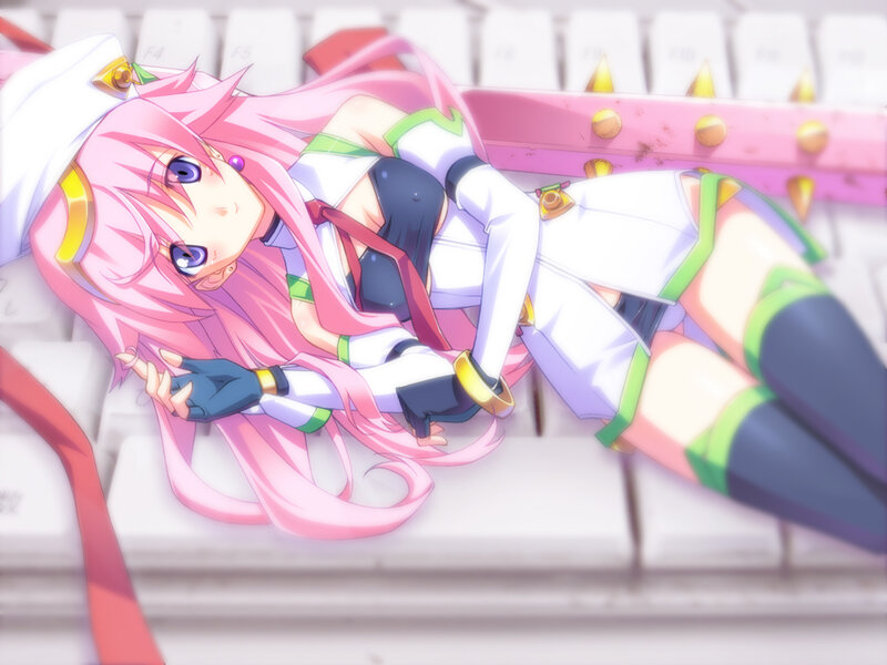 pink-haired anime girl on keyboard