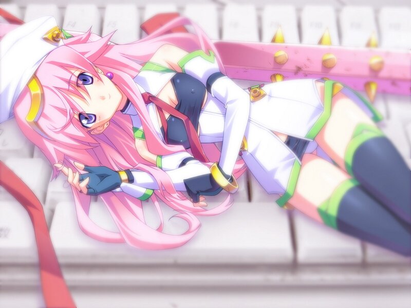 pink-haired anime girl on keyboard