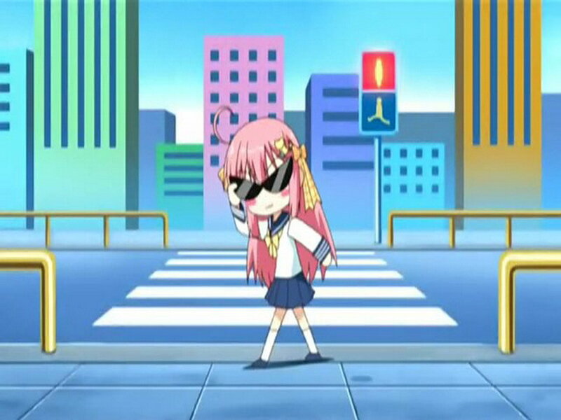 pink-haired anime girl on street