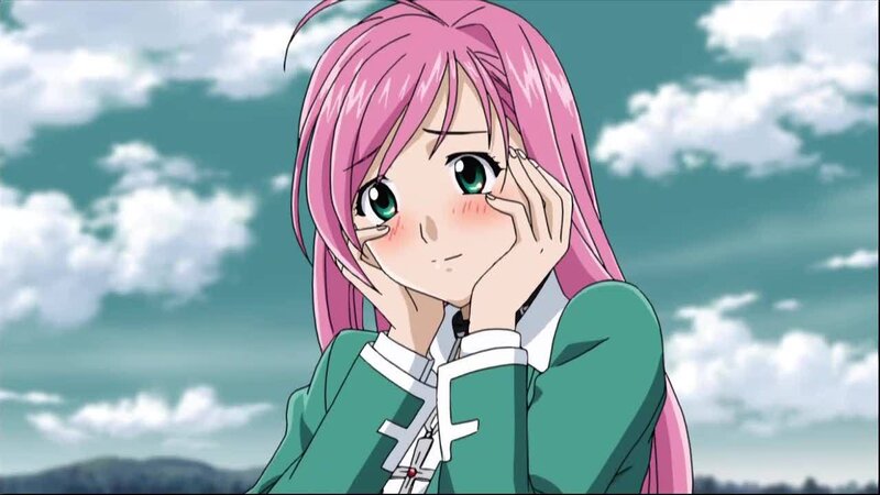 pink-haired anime girl outdoors