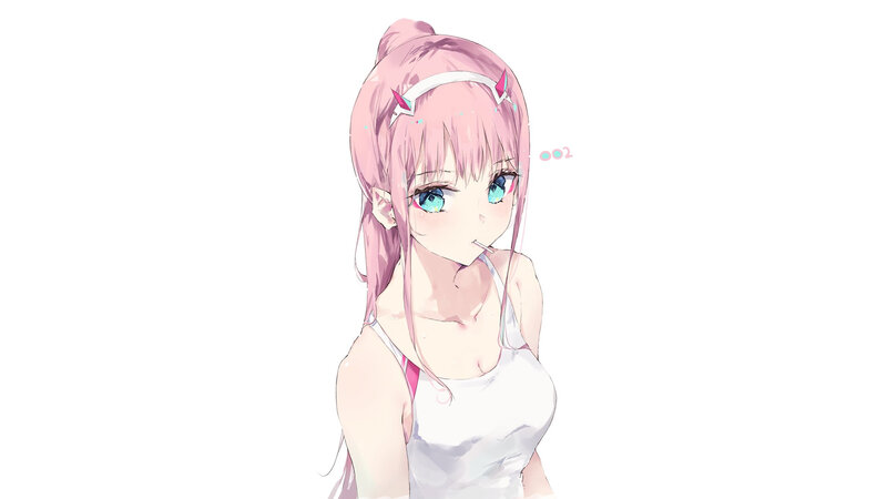 Pink-haired Anime Girl — Pink, Calm, Blue Eyes, White Top