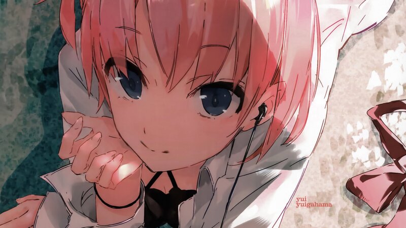 Pink-haired Anime Girl — Pink, Calm, Earbuds, Bow, Blue