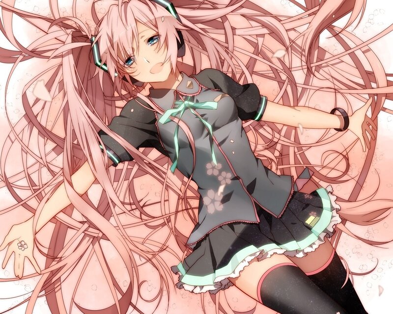 Pink-haired Anime Girl — Pink, Calm, Long Hair, Headphones, Skirt, Black