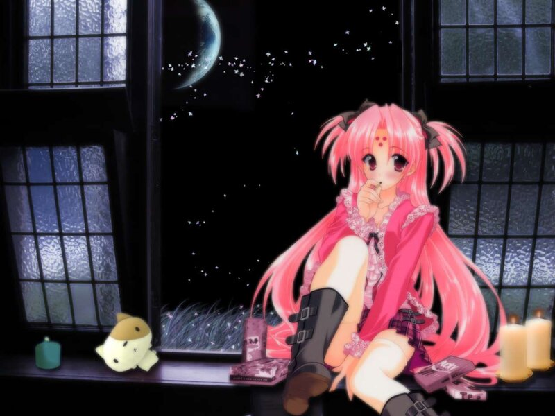 Pink-haired Anime Girl — Pink, Calm, Night, Candles