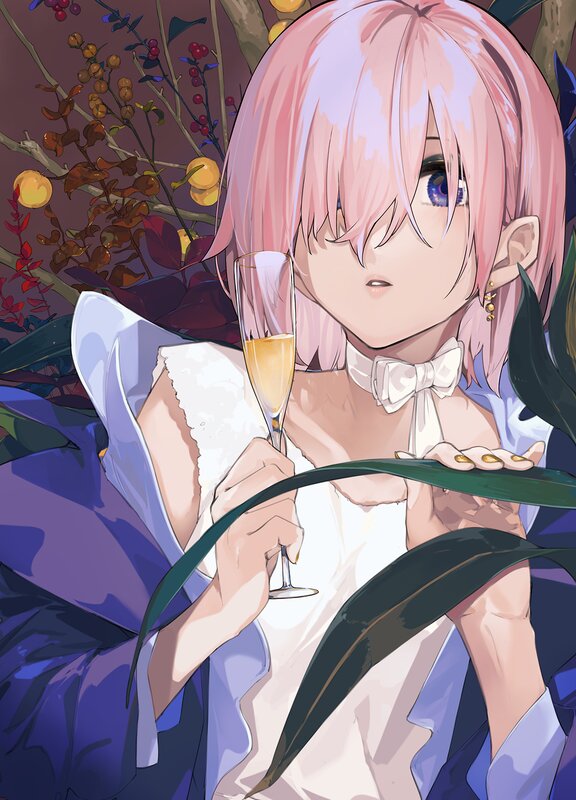 Pink-haired Anime Girl — Pink, Calm, Night, Champagne Glass