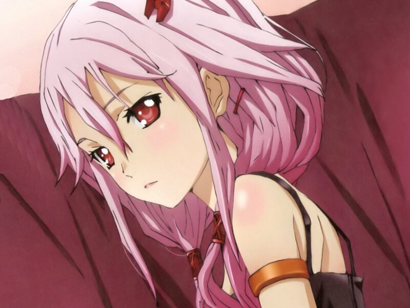 Pink-haired Anime Girl — Pink, Calm, Red Eyes, Pillow
