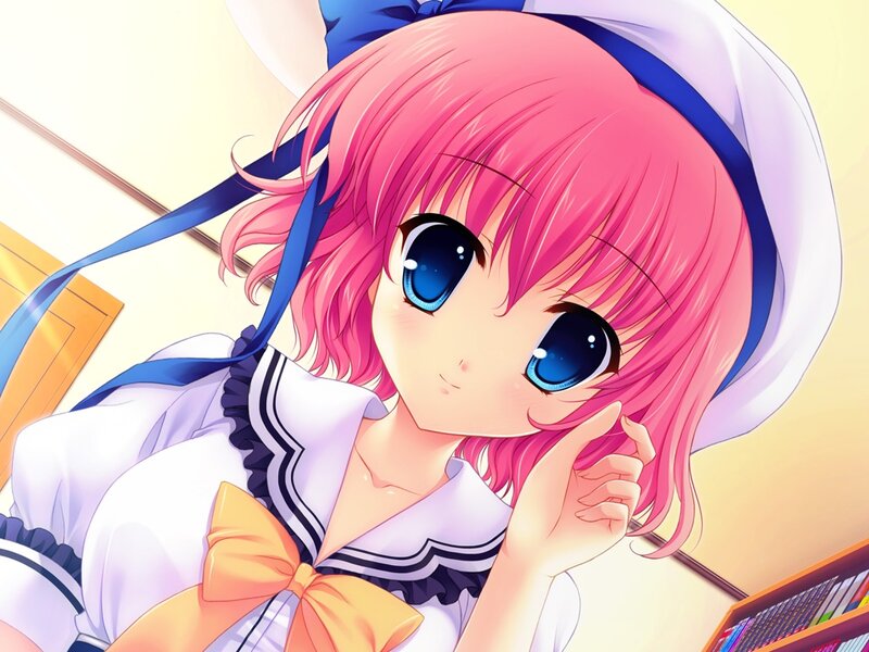 Pink-haired Anime Girl — Pink, Calm, School Uniform, Bookshelf