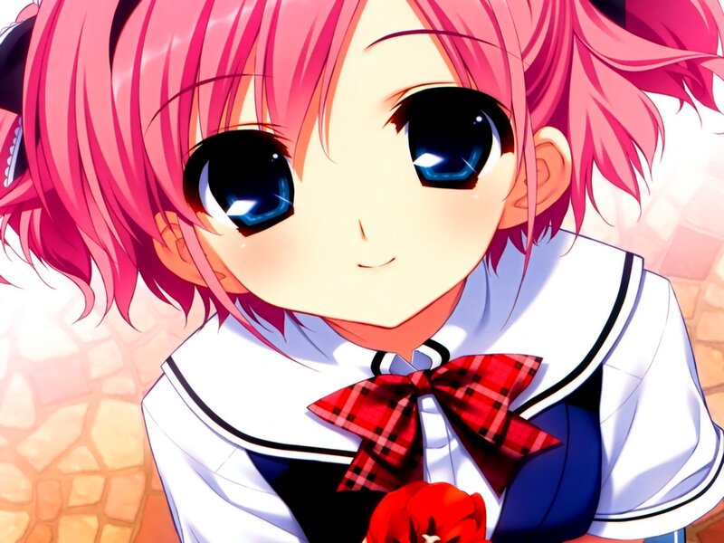 Pink-haired Anime Girl — Pink, Calm, School Uniform, Red Bow