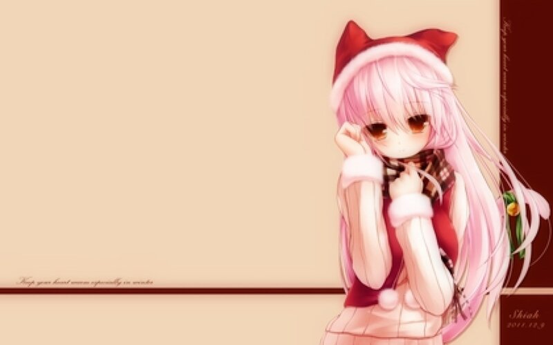 Pink-haired Anime Girl — Pink, Calm, Winter, Santa Hat
